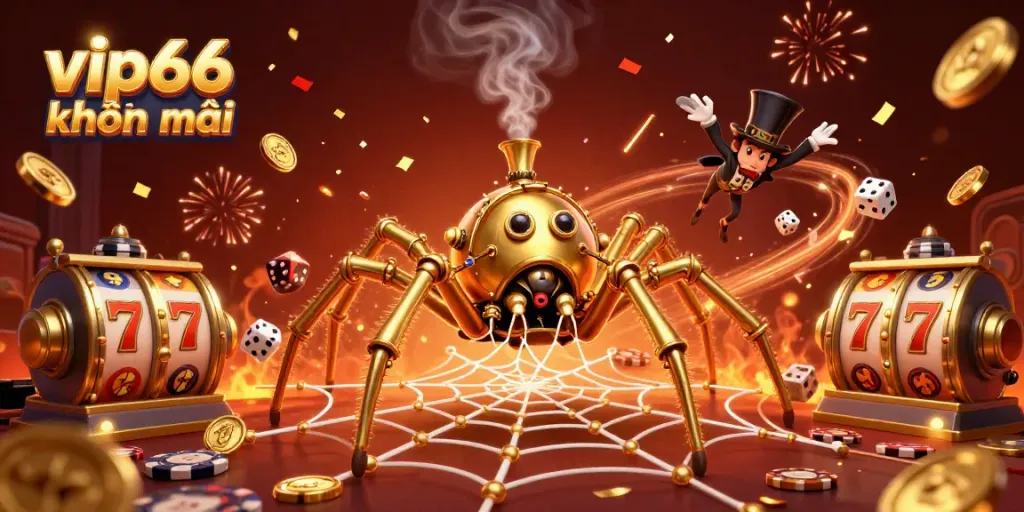 Experience vip66 khuyến mãi with a captivating 3D spider theme, showcasing dynamic gold coins and casino reels