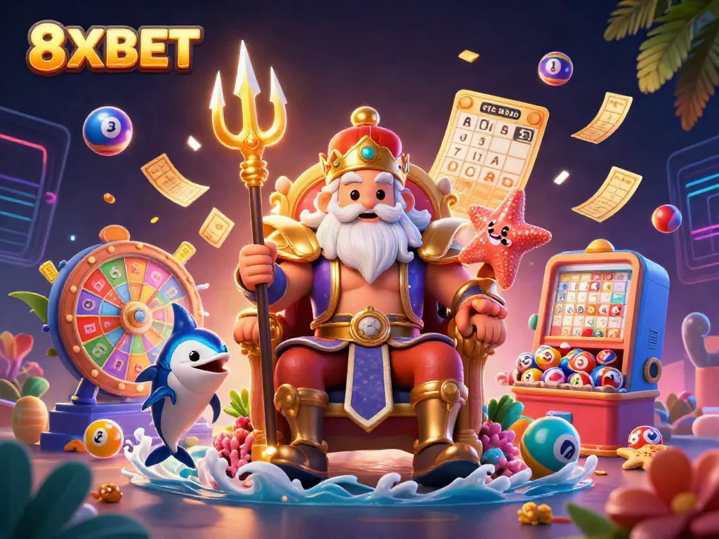 Experience 8XBET with an exciting scene of Neptune and lively game elements, showcasing vibrant lottery dynamics.