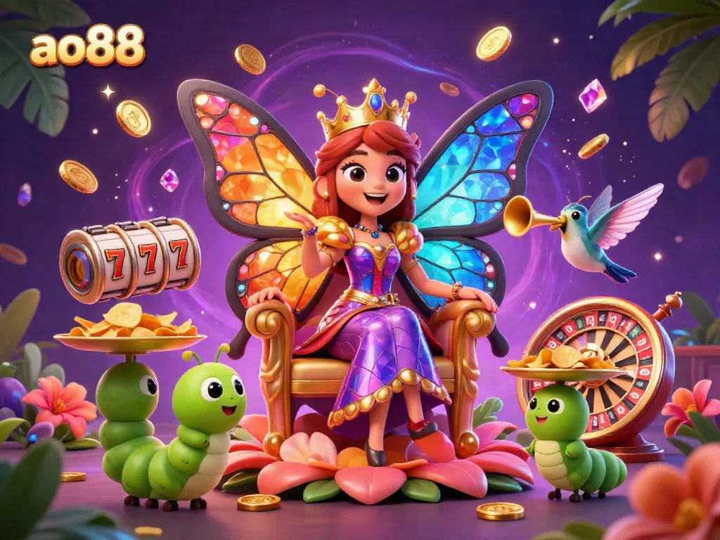 Experience the excitement of ao88 with a vibrant 3D butterfly queen illustration surrounded by dazzling casino elements.