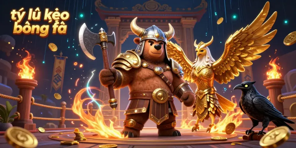 Experience action with tỷ lệ kèo bóng đá as a Viking bear and Valkyrie eagle meet in a vibrant betting arena.