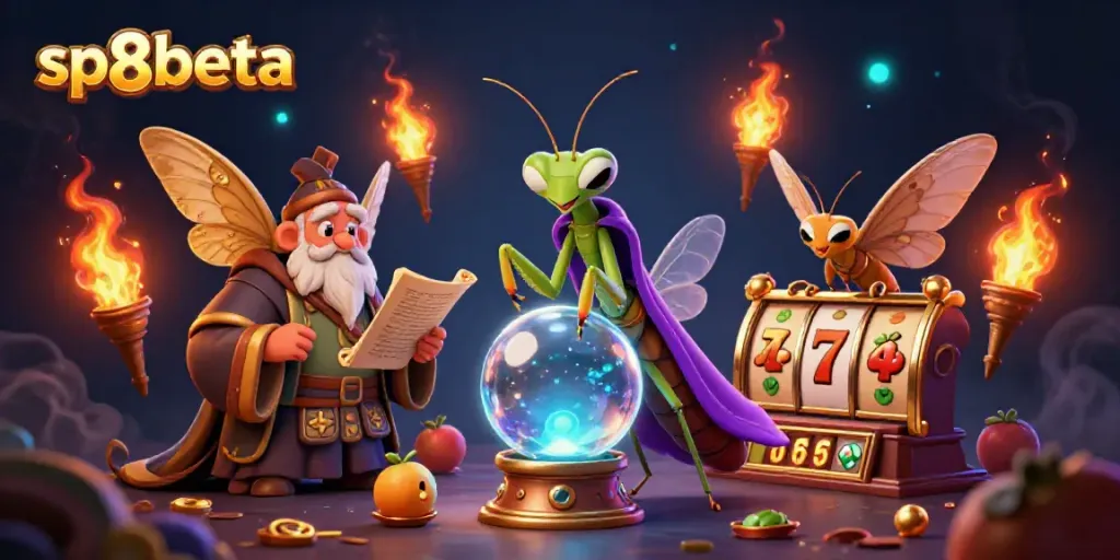 Experience the magic of sp8beta with a whimsical 3D illustration of a fortune teller and a librarian amidst enchanting casino elements.