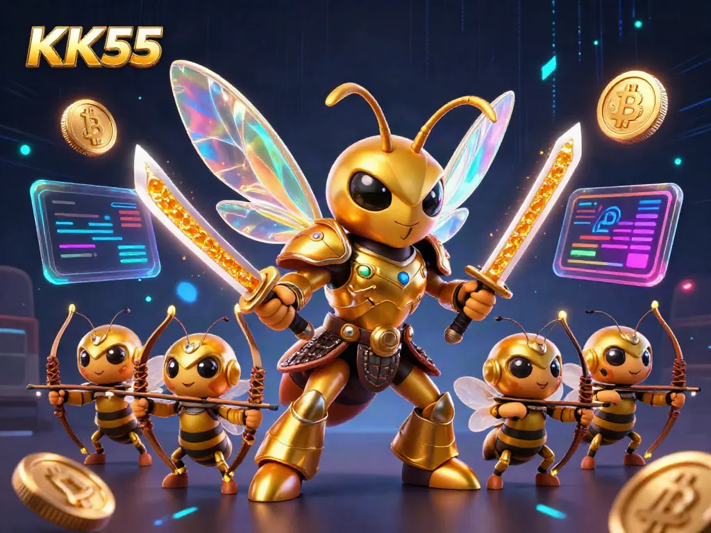 Experience thrilling gameplay at KK55 with a vibrant 3D illustration featuring a giant golden hornet and bee archers.