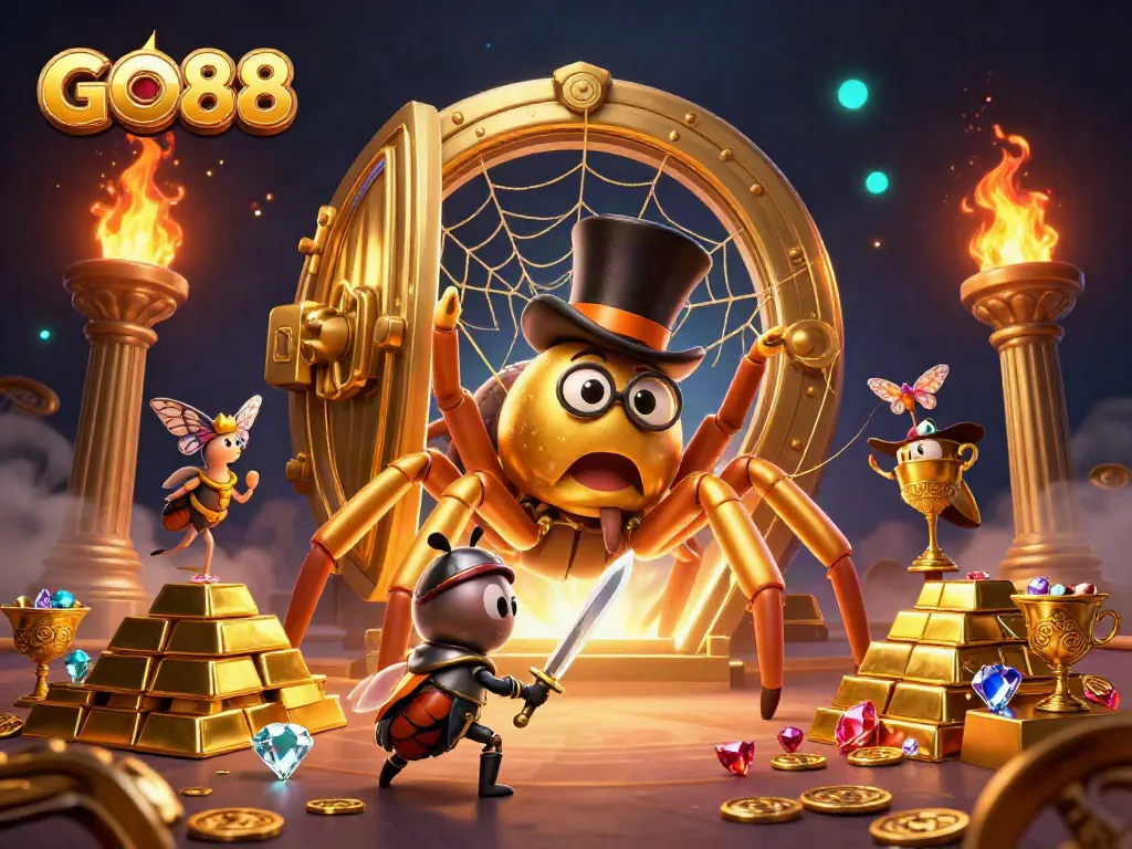 Spin to win in GO88's vibrant casino adventure, featuring gold treasures and playful characters.