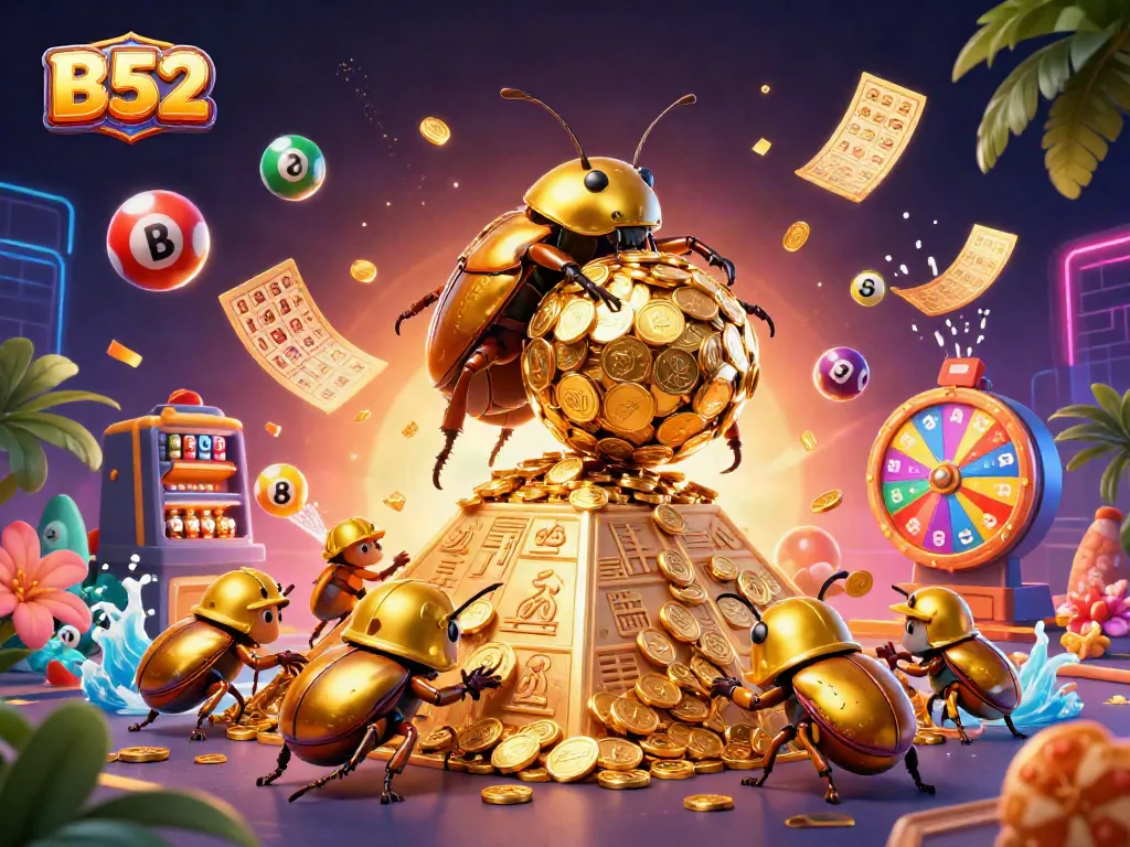 B52 players enjoying a vibrant lottery scene with dynamic, bouncing balls and golden coins cascading down.