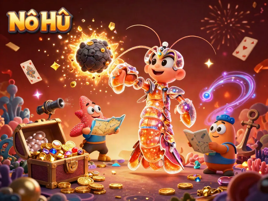 Nổ Hũ unleashes excitement with a vibrant 3D illustration of a mantis shrimp warrior amid gold and gems, celebrating big wins.