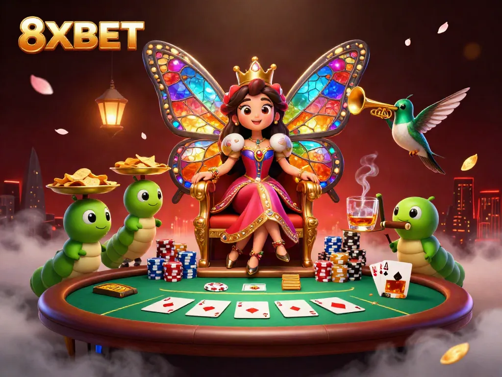 Experience the excitement of 8XBET with a lavish casino scene featuring a butterfly queen and poker elements.