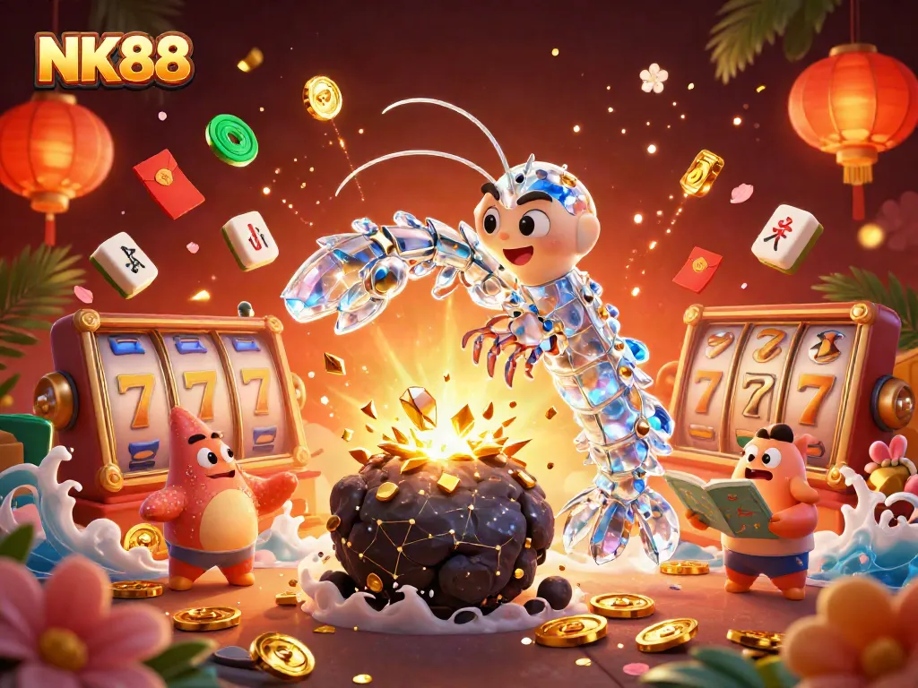 Engage in thrilling gameplay with NK88 in this vibrant casino-themed 3D illustration filled with action.