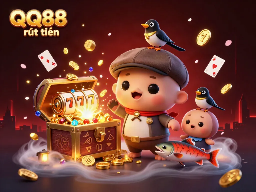 Experience QQ88 rút tiền with lively characters amidst a vibrant casino scene filled with slot reels and treasures.