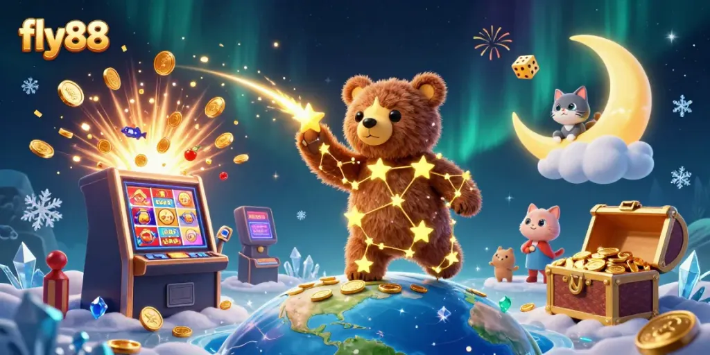 Experience thrilling gameplay with fly88 as a constellation bear gathers coins amidst a vibrant casino world.