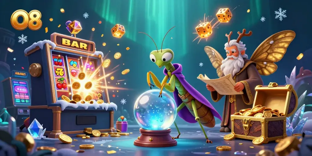 Experience O8's dynamic gaming scene with a mystical fortune teller, ancient librarian, and magical symbols.