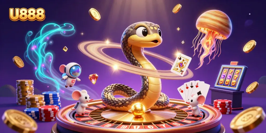 Place bets on U888 with a dazzling 3D casino scene featuring a roulette wheel and gaming elements.