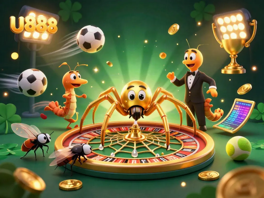U888 features a golden spider and centipede croupier in a vibrant casino-themed illustration.