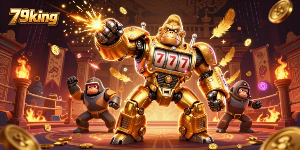 Win big with 79king's golden gorilla mech and slots-themed action in an electrifying casino scene.