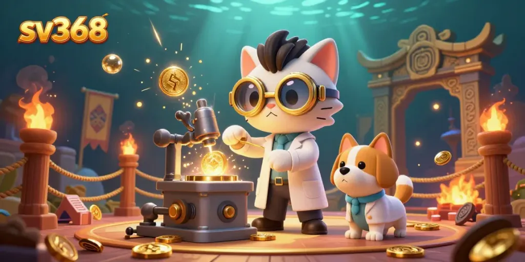 Experience sv368's exciting casino atmosphere with a mad scientist cat and dog in a vibrant gaming lab.