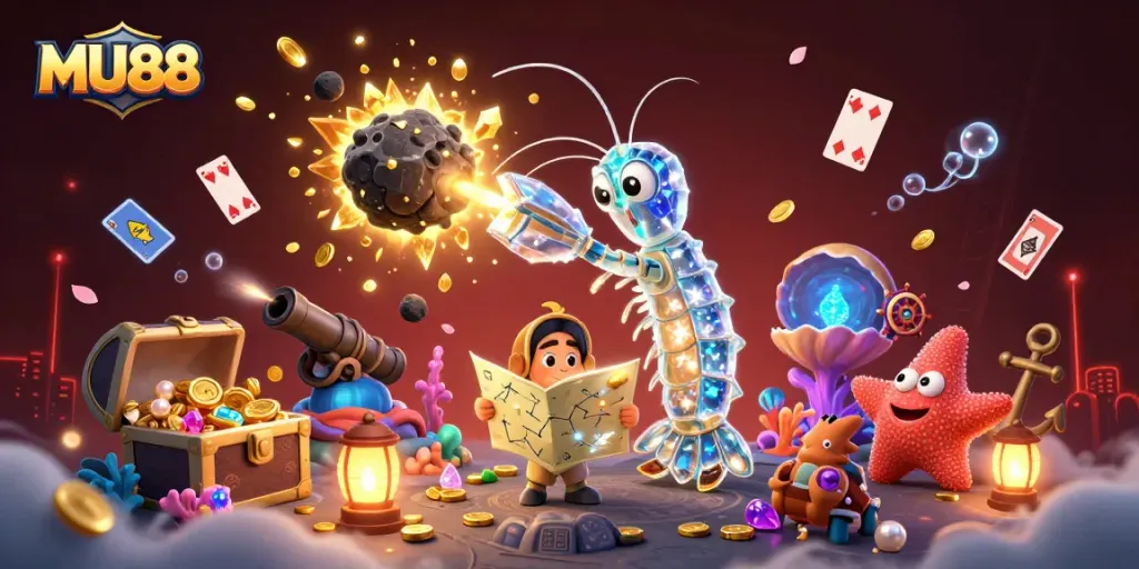 Experience thrill and excitement at MU88, featuring vibrant underwater scenes filled with treasures and gaming elements.