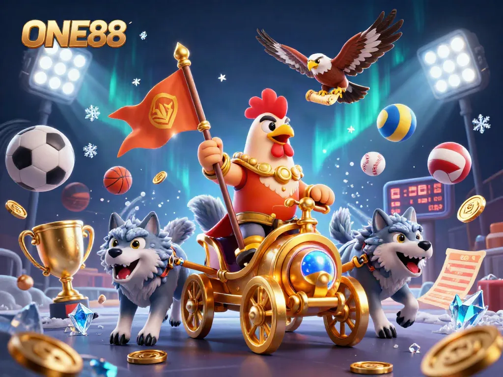 Engage in thrilling gaming at ONE88 with a festive illustration of exciting elements from the casino world.