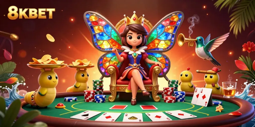 Engage with 8KBET's vibrant butterfly-themed casino scene showcasing poker elements and colorful characters.
