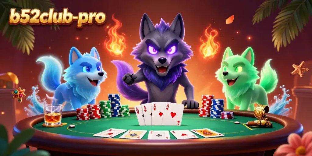 Win big at b52club-pro with engaging 3D casino illustrations featuring poker excitement and mystical wolves.