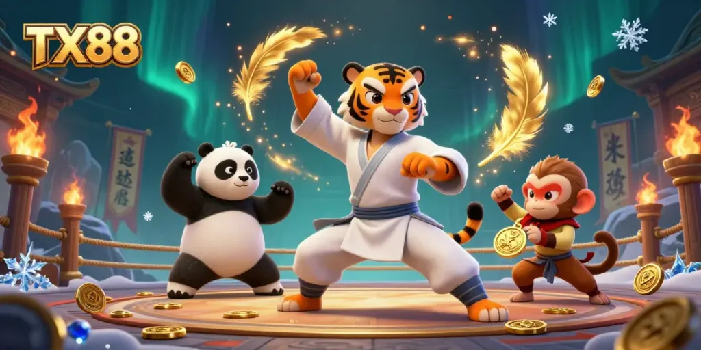 Engage in thrilling adventures at TX88, featuring a kung fu tiger master and gaming elements.