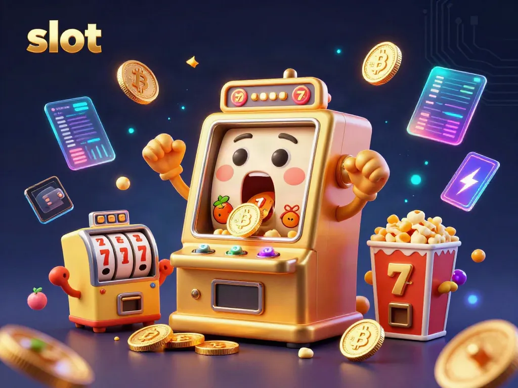 Experience the thrill of winning slots with golden coins flowing from a shocked slot machine.