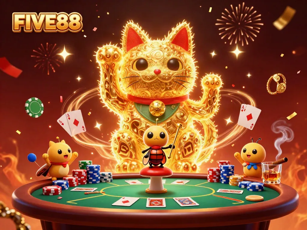 Experience dynamic gaming action at FIVE88 with playful lucky cat and poker elements in vibrant detail.