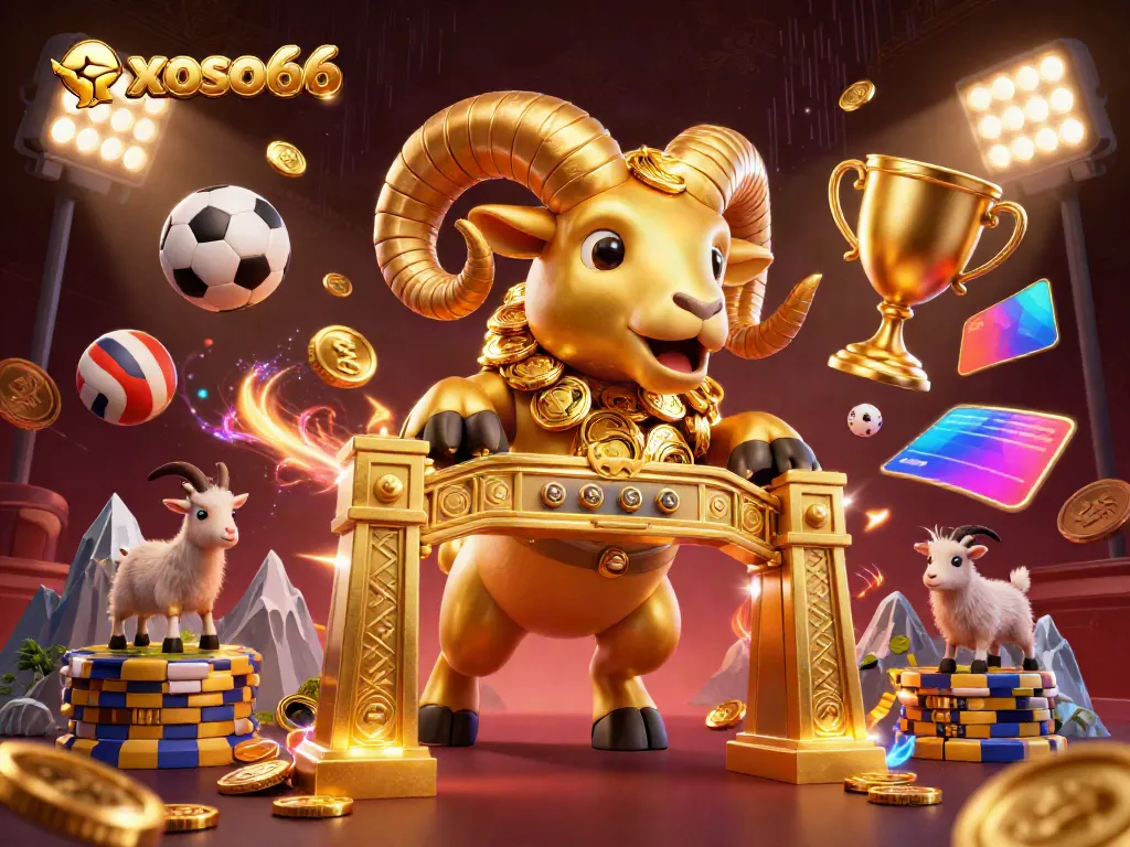Exciting scene of xoso66 with cartoon golden ram charging, sports elements, and vibrant casino atmosphere.