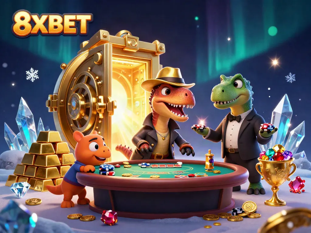 Experience thrilling 8XBET action as a cartoon velociraptor attempts to bet with a pit boss and a pickpocket in a vibrant casino scene.
