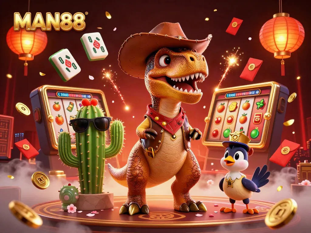 Experience exciting gameplay with MAN88 in this vibrant casino-themed scene featuring a dinosaur and friends.