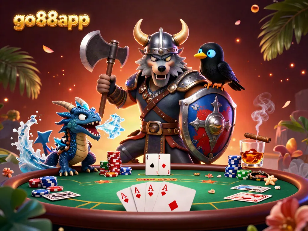 Join the action at go88app with a Viking warrior, dragon, and raven in an epic poker scene.