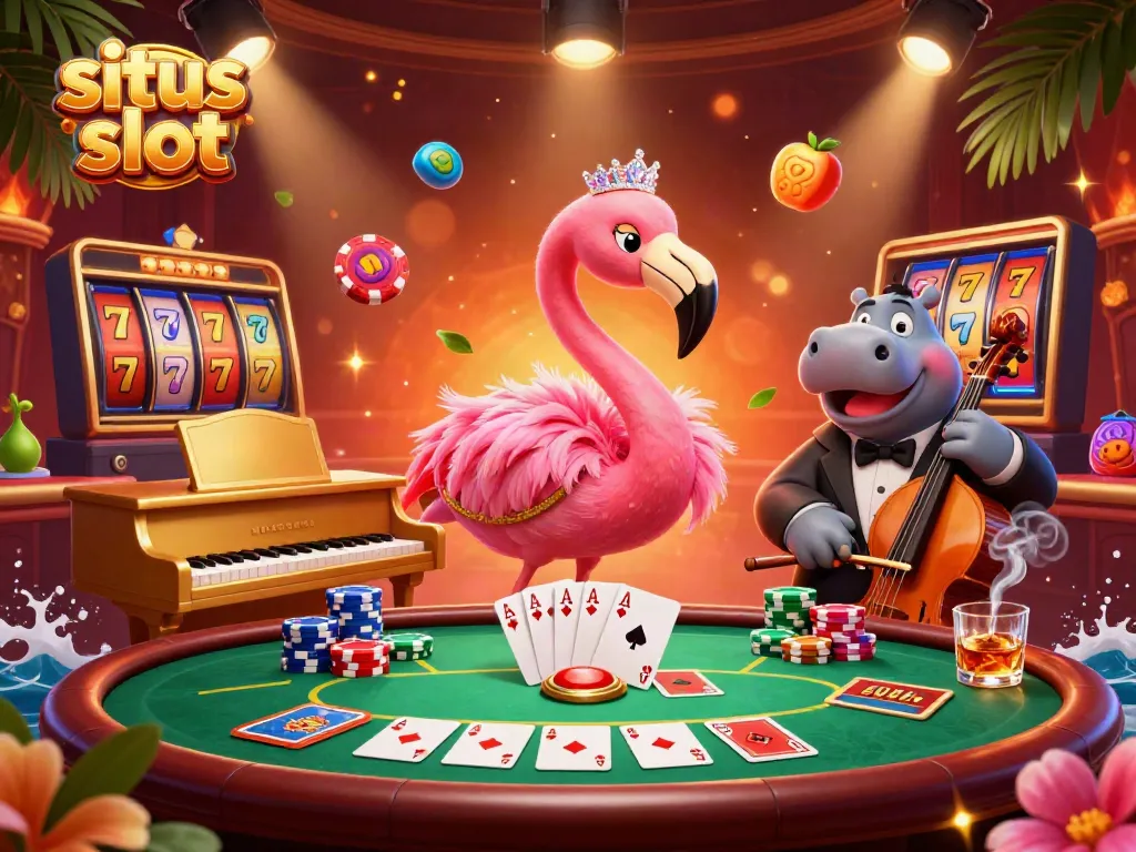 Immerse in a vibrant gaming atmosphere with our site, situs slot, featuring lively casino characters and dynamic slot elements.