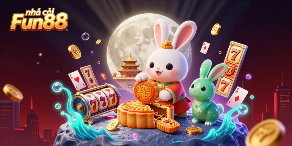 Engage with exciting games at nhà cái Fun88, featuring vibrant slot reels and golden mooncakes.