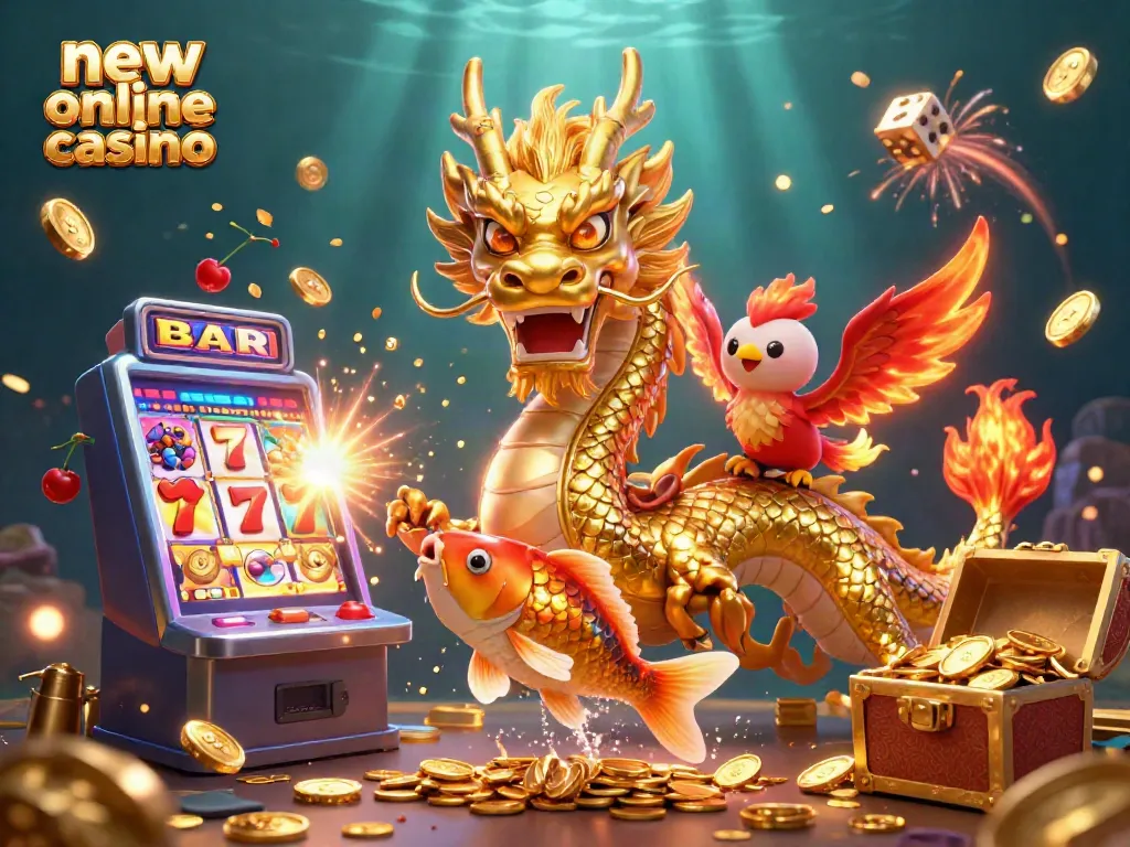Experience the excitement of new online casino with a golden dragon, phoenix, and koi fish amid bursting jackpots and coins.