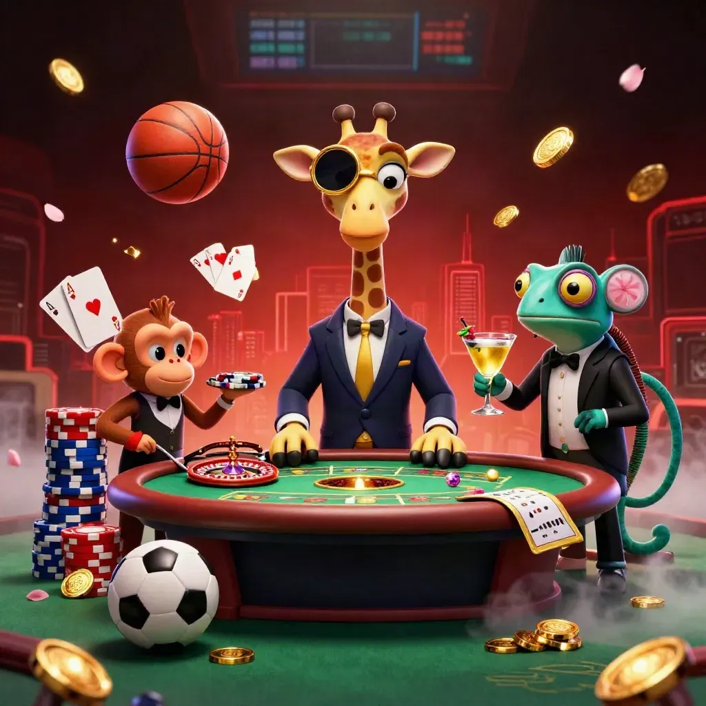 Giraffe, monkey, and chameleon amid casino chips, coins, balls, and blazing stadium light.