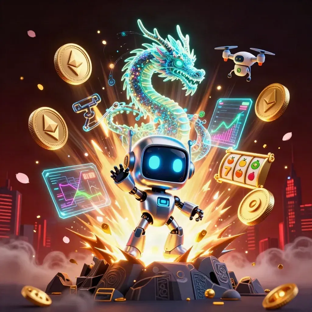 Cyberpunk robot, holographic dragon and coin drone burst through gold light in a dark casino sky.