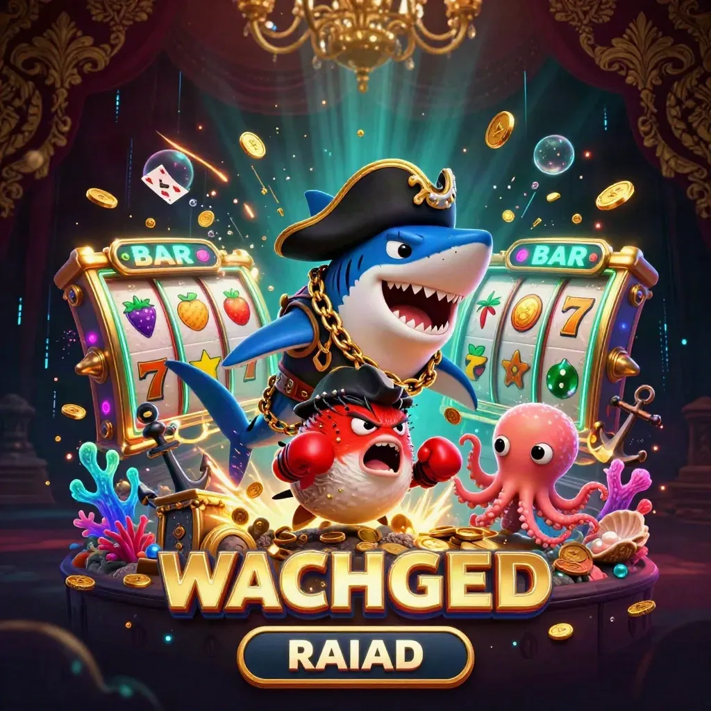 Pirate shark, boxing pufferfish, and coin-juggling octopus in a glowing gold underwater jackpot scene