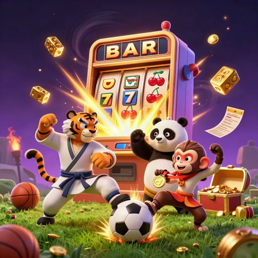Tiger, panda, and monkey amid exploding slots, soccer ball, and gold under neon casino light