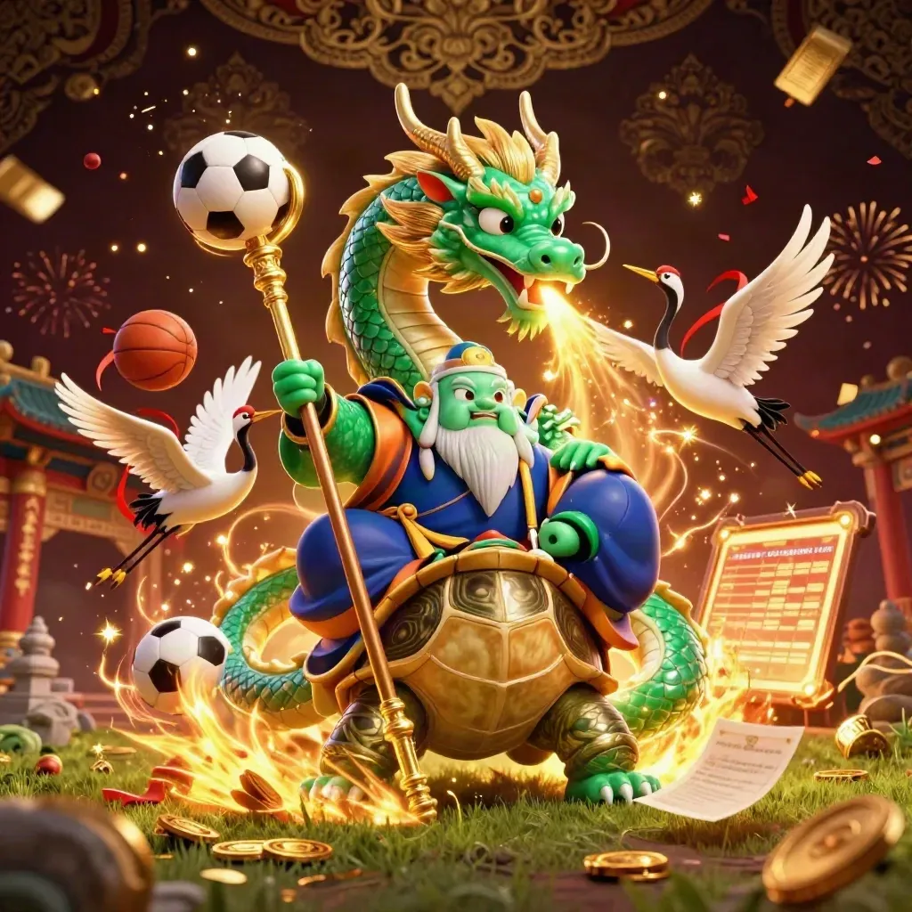 Jade dragon, turtle sage, cranes, gold fire, balls and casino props on dark burgundy damask