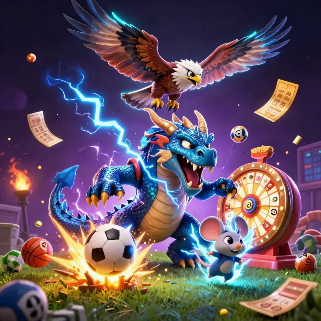 Thunder dragon, hawk and mouse burst through sports balls, lottery balls and casino glow.