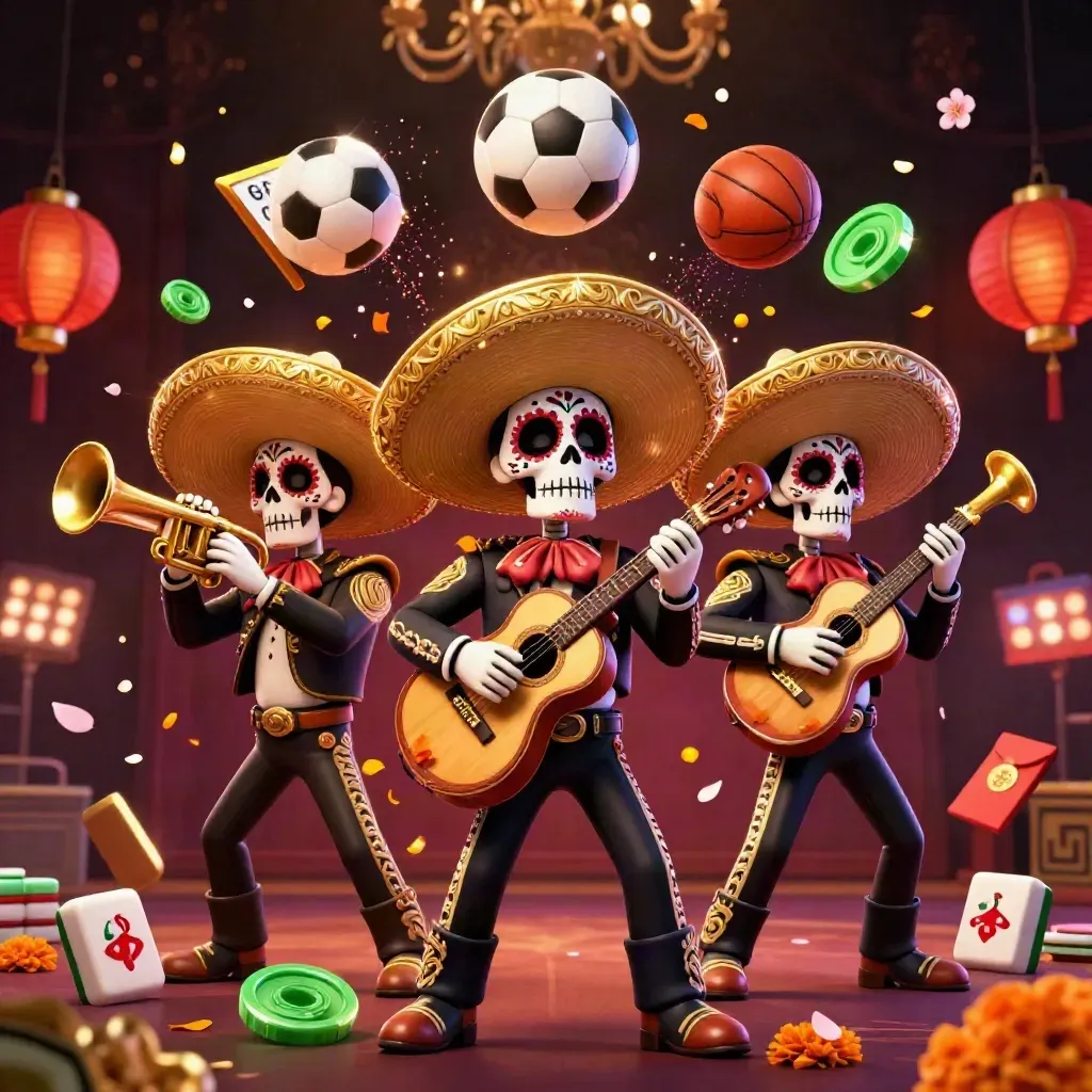Skeleton mariachi trio with flying sports balls, casino charms, and gold-lit festive effects.