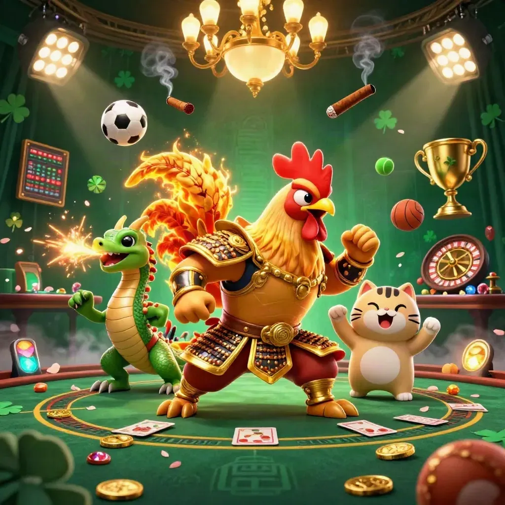 Rooster warrior, spark-breathing dragon hatchling and fortune-cat in a glowing casino battle scene.