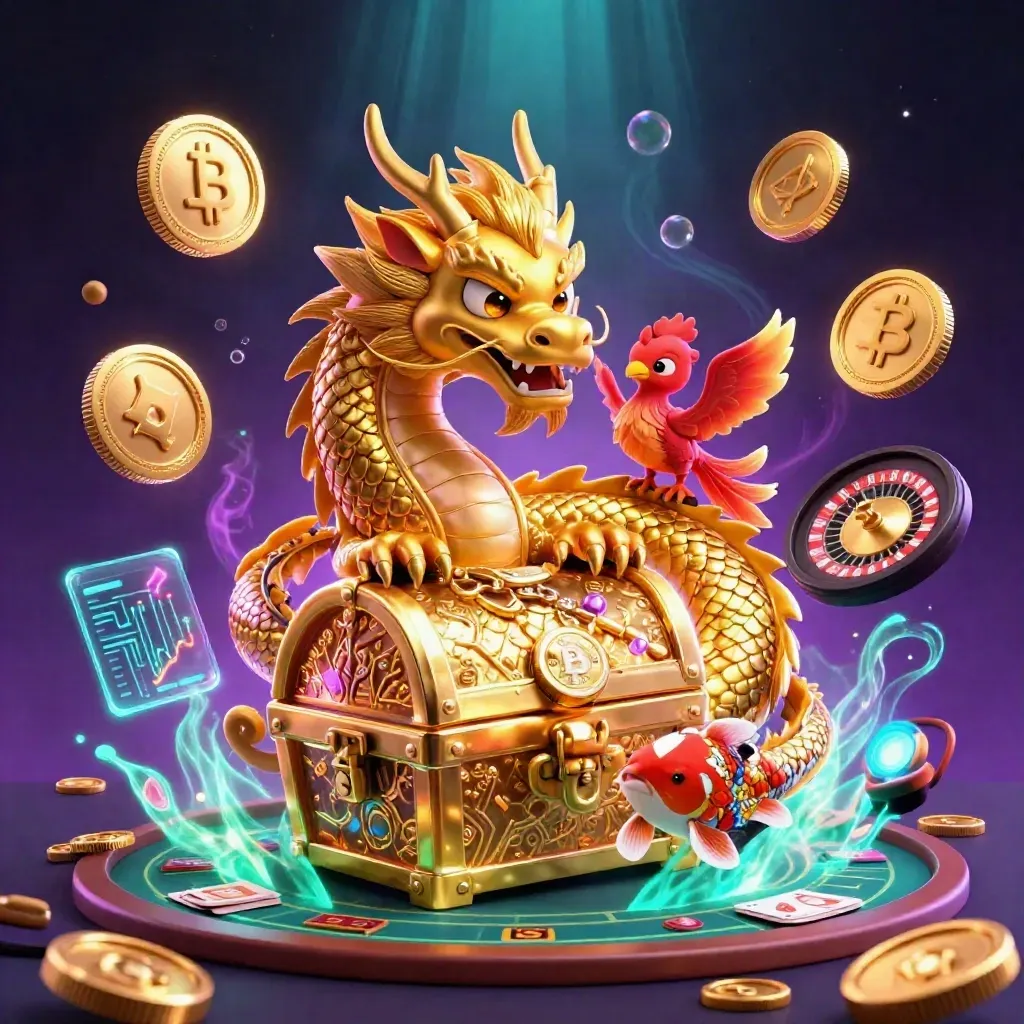 Golden dragon, phoenix, koi and casino lights around treasure chest in neon key art