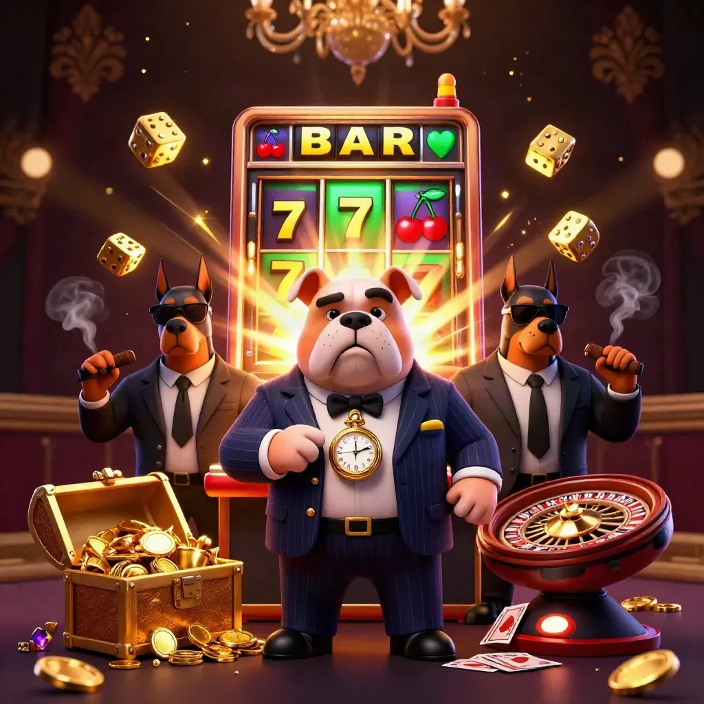 Mafia bulldog and Dobermans amid slot jackpots, roulette glow, brass luxury, and golden smoke.