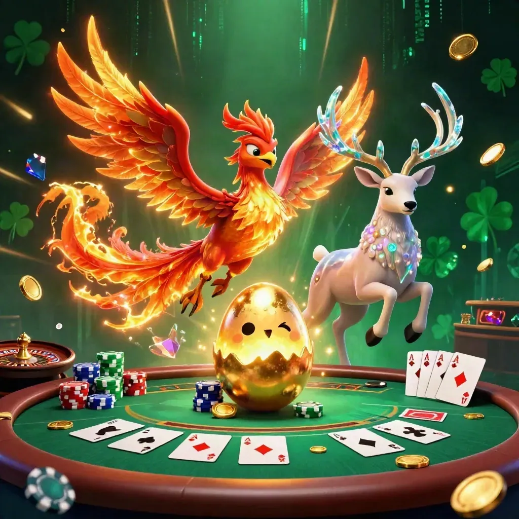 Phoenix trio by a casino table with chips, cards, roulette wheel, and neon green-gold glow