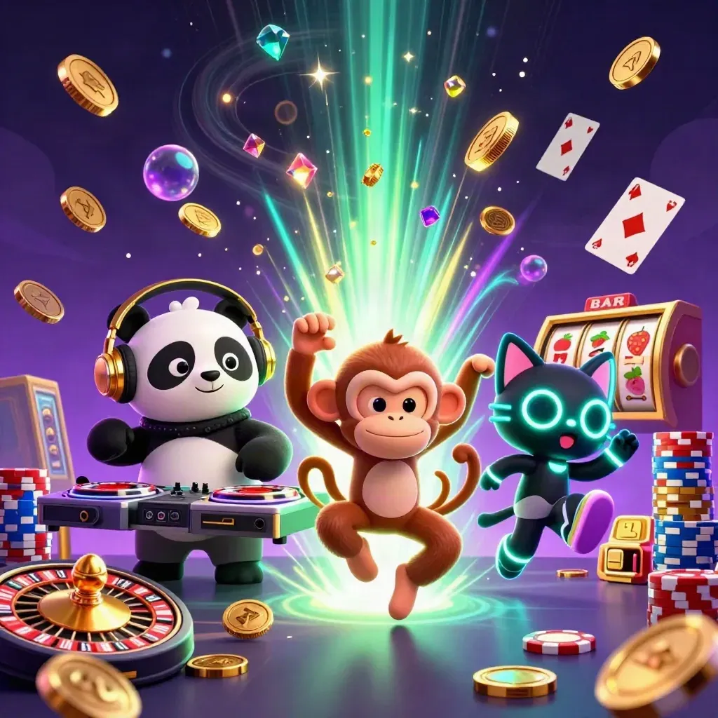 DJ panda, monkey, and glow-cat explode amid casino treasure in neon light.