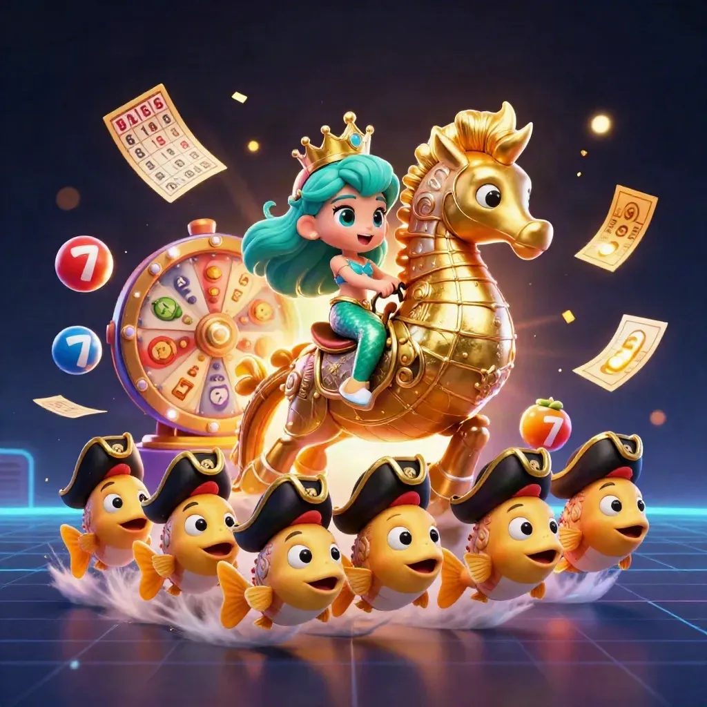 Mermaid princess on armored seahorse with pirate fish, casino treasures and neon glow