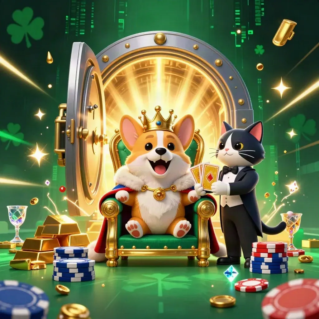 Royal corgi and cat butler burst from a golden vault with chips, gems and neon energy.