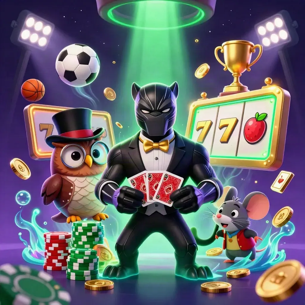 Panther, owl, and mouse with chips amid flying sports balls, coins, and neon casino magic.