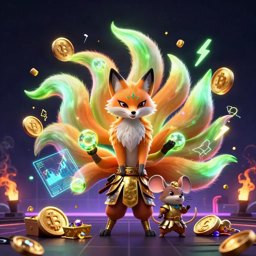 Nine-tailed fox spirit with a golden-armored mouse amid neon crypto casino energy.