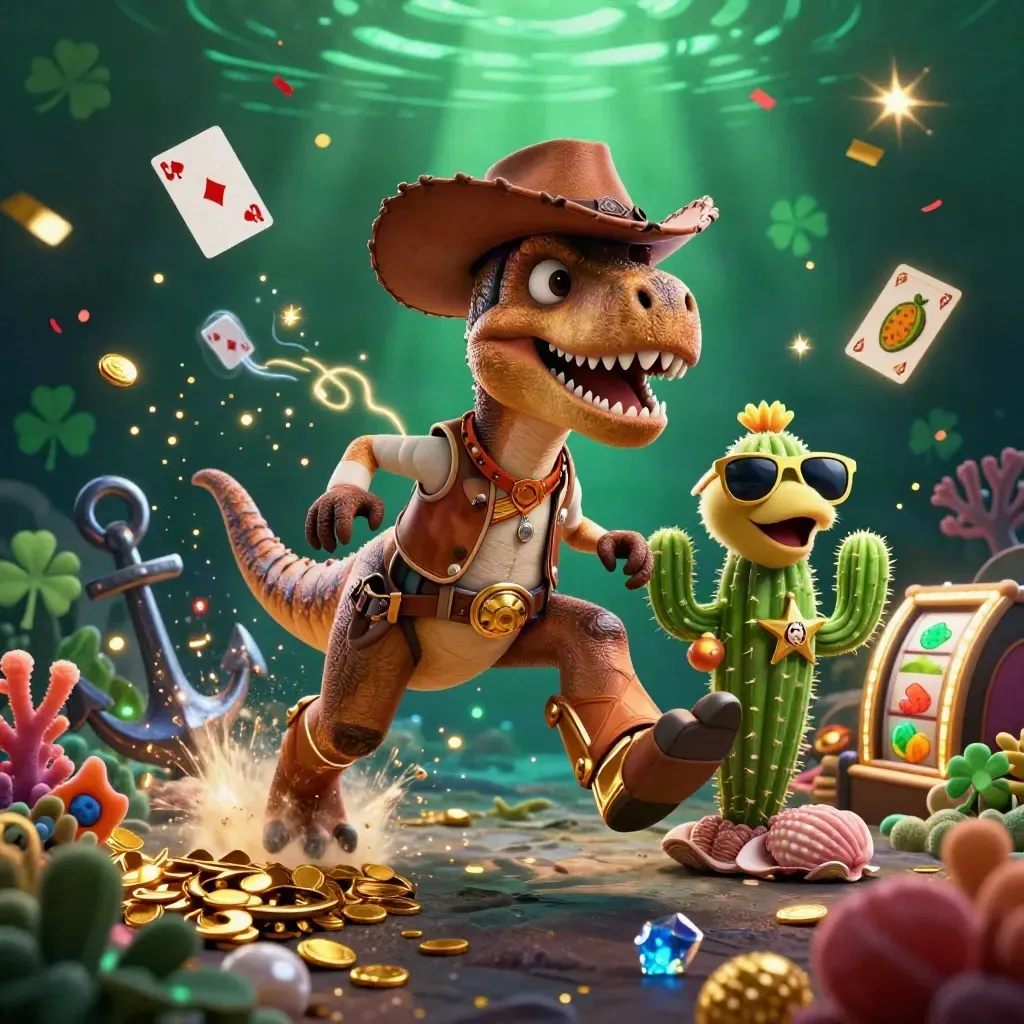 Cowboy T-Rex, cactus sidekick, and sheriff roadrunner explode through a neon treasure cove with gold and sparks