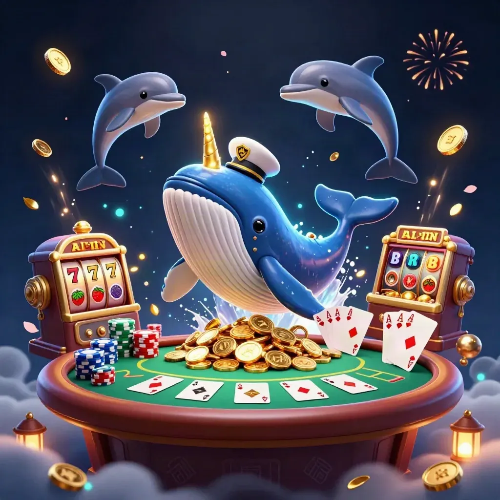 Whale captain, narwhal, and dolphins burst through casino coins with chips, cards, slots, and jackpots.